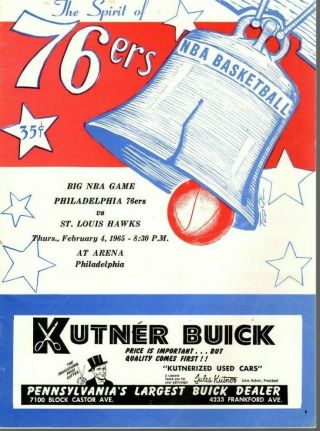 1965 (feb.  4) Nba Basketball Program,  St.  Louis Hawks @ Philadelphia 76ers Ex
