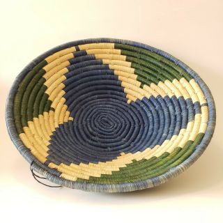 Vintage Basket Coil Woven Bowl Wall Hanging Home Decor Kenyan Boho Handmade Blue 2