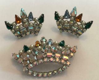 Vintage B David Crown Brooch Pin Earring Set Aurora Borealis Rhinestones Pearls