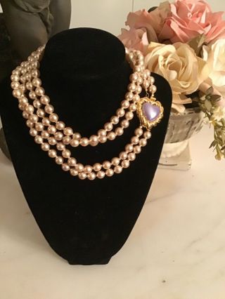 Vintage Long Faux Pearl Joan Rivers Lavender Heart Clasp Necklace