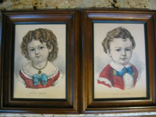 Pr Antique Currier & Ives Little Sister Brother Prints Hand Colored Lithographs