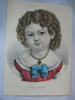 Pr Antique Currier & Ives Little Sister Brother Prints Hand Colored Lithographs 3