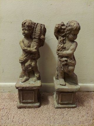 Vintage Paper Mache Cherub Statues On Pedestal Holiday Decorations Book Ends