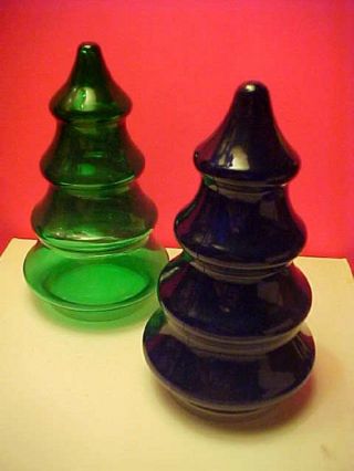2 Vintage Green Glass Blue Plastic Christmas Tree Candy Jar Container