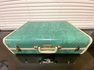 Vintage Samsonite Shwayder Bros Bermuda Green Blue Marble Suitcase 21” With Key