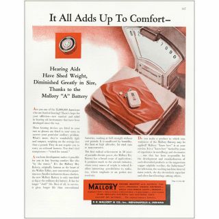 1947 Mallory: Hearing Aids Have Shed Weight Vintage Print Ad