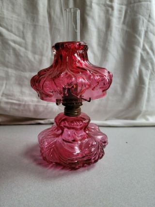 Plume Fenton Lg Wright Rose Cranberry Raspberries Miniature Oil Lamp Antique