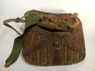 Vintage Wicker And Leather Fishing Creel - - Man Cave,  Den,  Or Cabin Decor