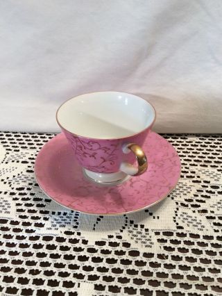 Vintage Porcelain Tea Cup and Saucer Set White w/ Pink and Gold Accents 2
