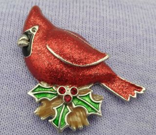 Vintage Christmas Cardinal Bird On Holly 2 " Brooch Pin