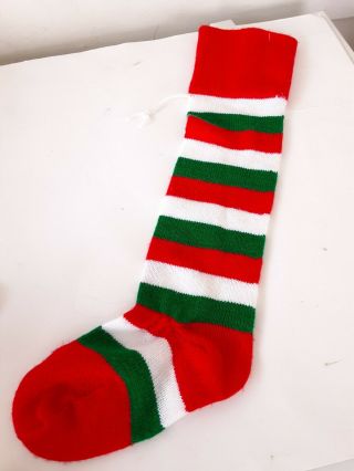 Vintage Christmas Knit Stocking 23” Stripe Red Green White Pom Pom