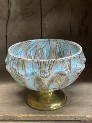 Vintage Delftware Holland Pedestal Bowl Hand Painted Porcelain Brass Teal 117 - F