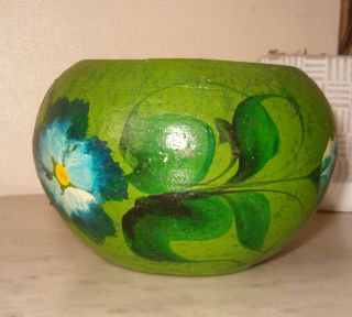 Vintage Mexico Hand Painted Flower Pot Bright Green Glazed