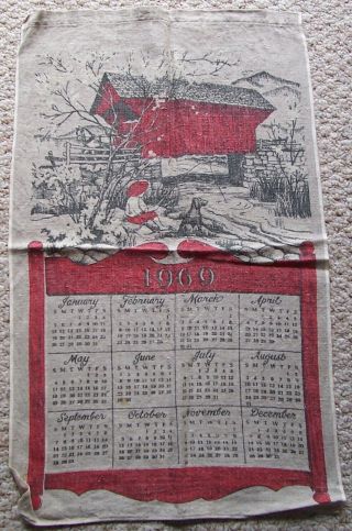 Vintage Linen 1969 Calendar Towel Covered Bridge Boy Fishing Dog