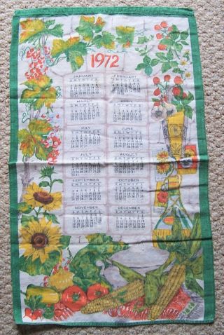Vintage Linen 1972 Calendar Towel Sunflowers Vegetables Grapes