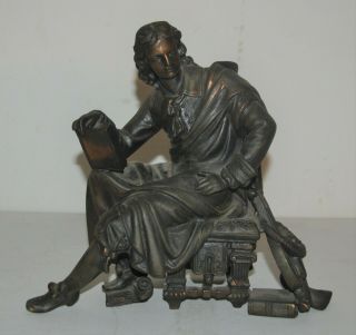 Antique Bronze Sculpture Statue 18th Century Man Sitting Holding Book 9 X 9 "