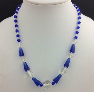 Vintage Czech Art Deco Blue & Clear Crystal Glass Bead Necklace 18.  5 " Long