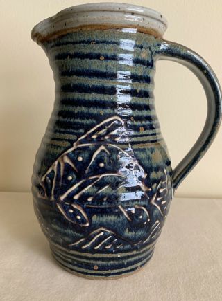 Vintage Studio Art Pottery Pitcher Signed Hand Thrown Stoneware 8” Blue W/ Fish