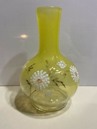 Antique Moser Yellow Art Glass Enameled Hand Painted Vase Blown Floral