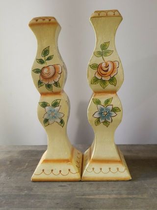 Vintage Pair Colorful Farm Wooden Candlestick Holders Painted Set Of Two Flower