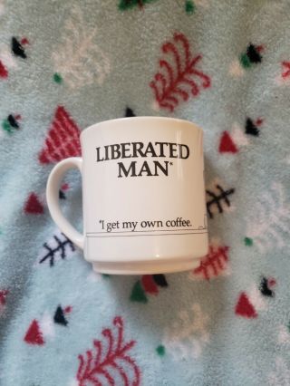 Office Humor Coffee Mug Recycled Paper Products Liberated Man.  White mug vintage 2