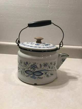 Vintage Enamel Teapot Tea Kettle White & Blue Floral Design Enamelware