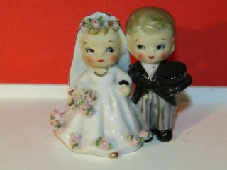 Vintage Lefton Porcelain Bride & Groom Wedding Bell Cake Topper 8947