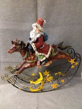 Vtg.  Christmas Rocking Horse " Santa Flying Over The Moon & Stars W/bag Of Toys.  "