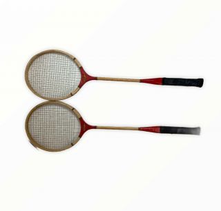 Red Ribbon Vintage 1960s Badminton Rackets Wood Frames