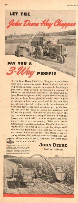 1949 Vintage Farm Ad For John Deere Hay Choppers,  3 Way Profit 111120