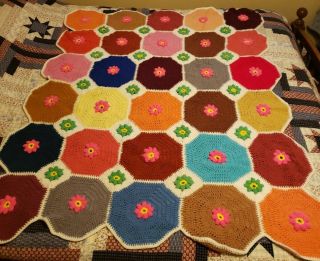 Vintage Crocheted Afghan Granny Hexagon Multicolor 58x45