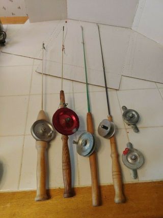4 Vintage Ice Fishing Rods Poles Wood Handles 2 Extra Metal Reels