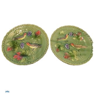 Vintage Set Of 2 German Majolica Green Plates With Birds Grapes Leaves