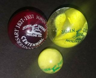 3 Vintage John Deere Tractor Co.  Advertising Glass Swirl Shooter Marbles Old