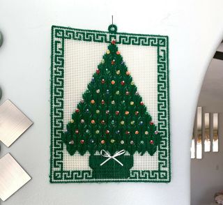 Vintage Handmade Needlepoint Cross Stitch Green Christmas Tree 13” Wall Decor