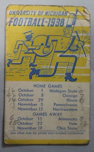 Antique Vtg 1938 University Of Michigan Wolverines Football Pocket Schedule