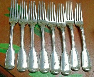 Vintage Heavy Silver Plated Dinner Forks X 8 Long Fiddle 7 " Long Monogrammed