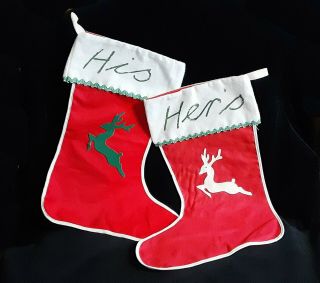 Vintage Pair Christmas Stockings His & Hers Flannel Reindeer 1950s