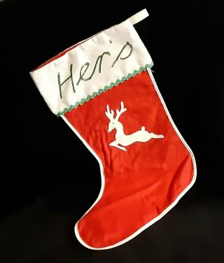 Vintage PAIR Christmas Stockings HIS & HERS Flannel Reindeer 1950s 2
