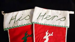 Vintage PAIR Christmas Stockings HIS & HERS Flannel Reindeer 1950s 3
