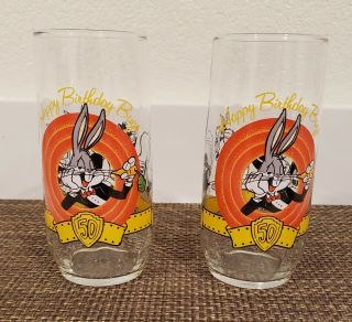 Vintage 1990 Looney Toons - Happy Birthday Bugs - 50th Anniversary - Glass Pair