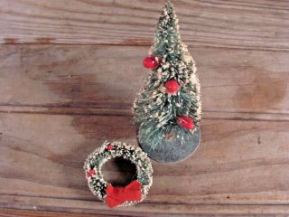 Vintage Bottle Brush Christmas Tree 3 " And Wreath 1.  5 " Red Berries Snow Japan