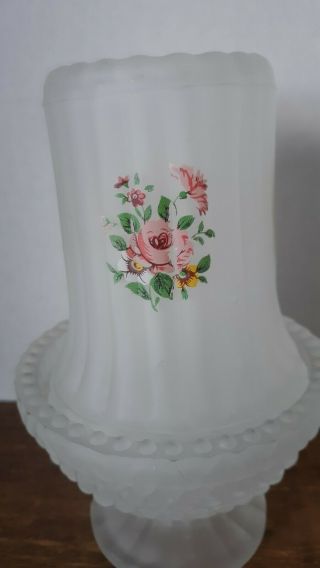 Vintage Frosted Satin Glass Fairy Lamp Candle Holder Litho Pink Florals