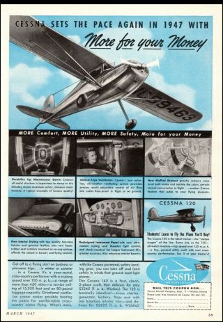 1947 Vintage Aircraft Ad Cessna 140 Fast 2 Seat Private Plane 030820