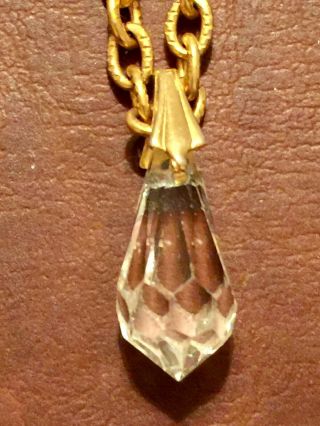Vintage Gold Tone Necklace With.  75” Faceted Teardrop Crystal