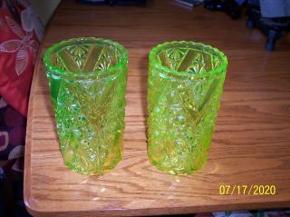 2 Antique Eapg Daisy And Button,  V Glass Celery Flower Vase Vaseline