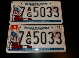 2012 Maryland War Of 1812 License Plates Pair,  7ag5033,  - - - - - - 258