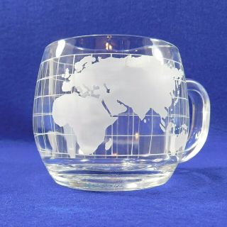 Vintage Nestle Nescafe Etched Clear Glass World Globe Map Coffee Mug Cup 1970 