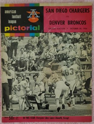 1966 Afl Football Program.  San Diego Chargers Vs Denver Broncos,  Balboa Stadium.