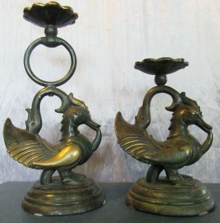Antique Vintage Chinese Asian Duck Solid Brass Candle Holders Bird Rare Unusual